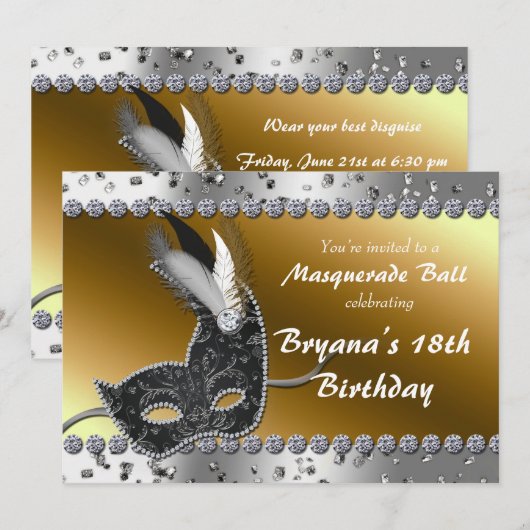 Bal Masqué Invitation Argent Or (Devant / Derrière)