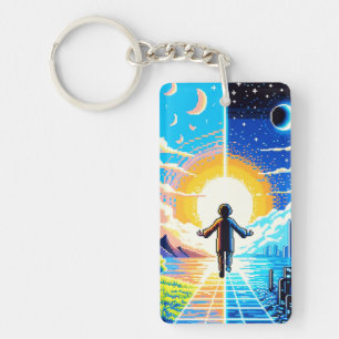 Balance of Worlds - Futuristische Pixel Art Tech Sleutelhanger