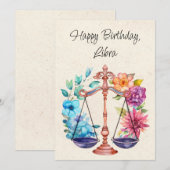 Balance Zodiac Aquarelle Carte Plat Anniversaire (Devant / Derrière)