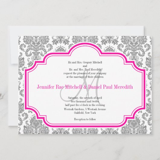 Balck Damask Hot Pink White Wedding Invitations Kaart (Voorkant)