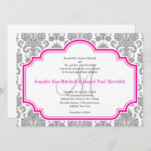 Balck Damask Hot Rose White Wedding Invitations (Devant / Derrière)