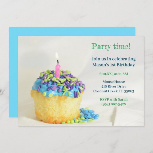 Balcon blanc bleu cupcake Anniversaire Invitation (Devant / Derrière)