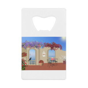 Balcony Buiten Flowers Table Tranquility Seaside. Kredietkaart Flessenopener