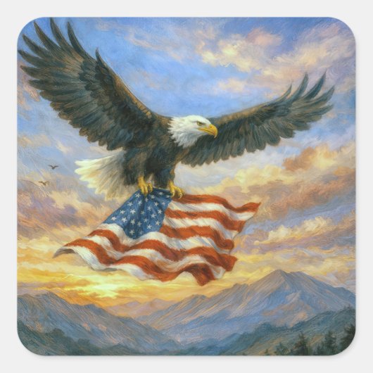 Bald Eagle Flying With American Flag Vierkante Sticker (Voorkant)