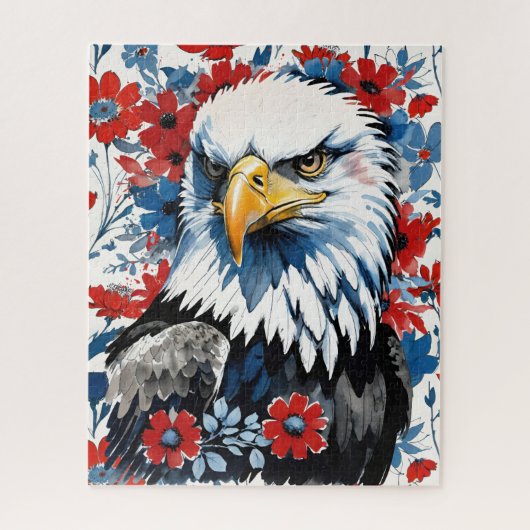 Bald Eagle Rood Wit en Blauw Bloemen USA Legpuzzel (Verticaal)