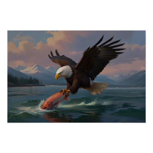 Bald Eagle vangt een zalm in de schemering Perfect Poster (Voorkant)