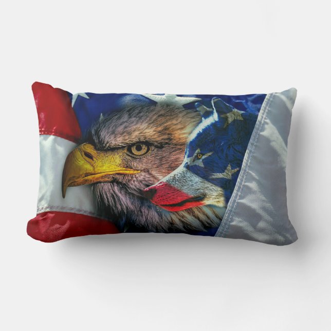 Bald Eagle Wolf American Flag Kussen (Voorkant)