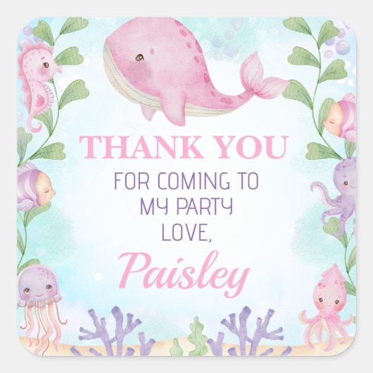 Baleine rose filles sous la mer Sticker d'annivers (Devant)