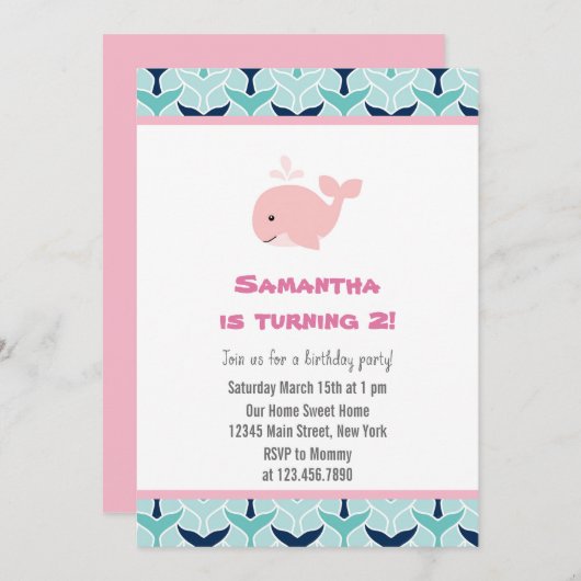 Baleine rose Invitation de fête d'anniversaire (Devant / Derrière)