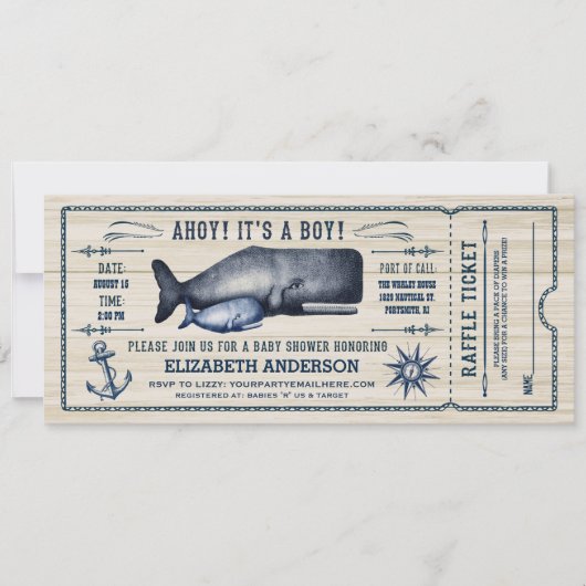 Baleine vintage, Baby shower Invitation de billets (Devant)
