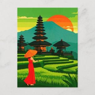 Bali Indonesië Zonsondergang Tempel en Rijsterrass Briefkaart