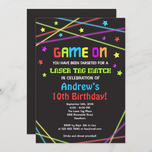 Balise laser Invitation d'anniversaire, Invitation (Devant / Derrière)