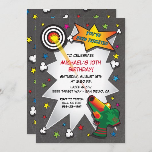 Balise Lazer Invitation de fête d'anniversaire (Devant / Derrière)
