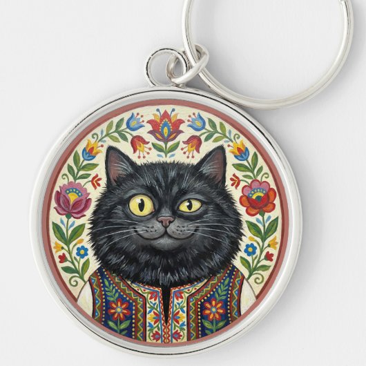 Balkan Folk Art Black Cat Sleutelhanger (Voorkant)