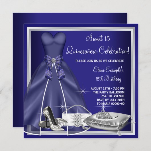 Ball Gown High Heels Royal Blue Quinceanera Kaart (Voorkant / Achterkant)