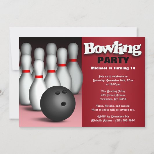 Ball & Pins Red Bowling Birthday Party Uitnodiging (Voorkant)