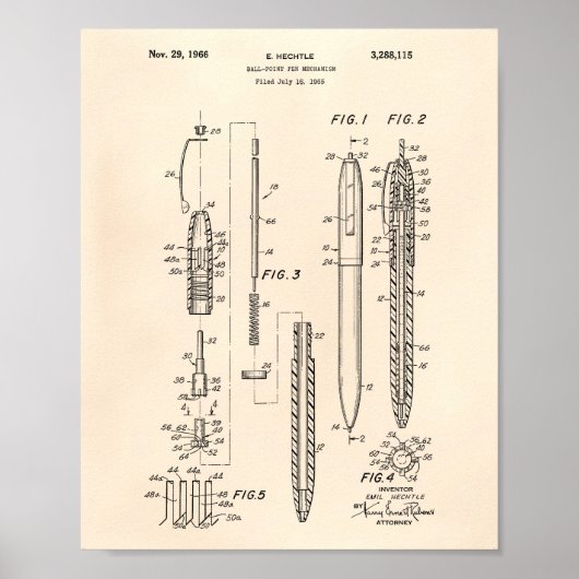 Ball Point Pen 1966 Patent Art Old Peper Poster (Voorkant)