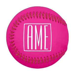 Balle De Baseball 3 Initiales Monogramme Blanc sur rose chaud