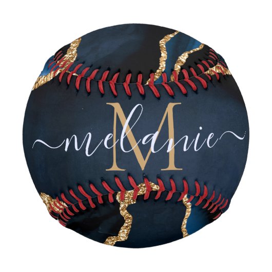 Balle De Baseball Agate Navy Blue Gold Custom Name Letter Baseball (Devant)