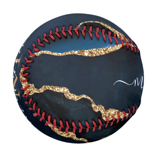 Balle De Baseball Agate Navy Blue Gold Custom Name Letter Baseball (Devant Gauche)
