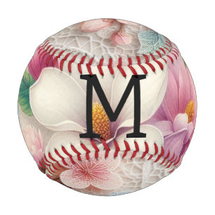 Balle De Baseball Dentelle monogramme fleurs de magnolias rose viole