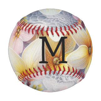 Balle De Baseball Dentelle monogramme fleurs roses et jaunes de prin
