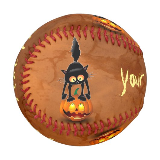 Balle De Baseball Dessin d'Halloween au chat effrayé sur Citrouille (Devant Gauche)