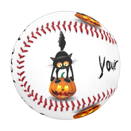 Balle De Baseball Dessin d'Halloween au chat effrayé sur Citrouille (Devant Gauche)