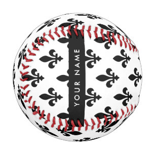 Balle De Baseball Fleur de Lis, Noir sur Blanc, Noir, Votre Nom