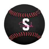 Balle De Baseball Joli nom & monogramme | Noir Blanc & Rose (Dos)