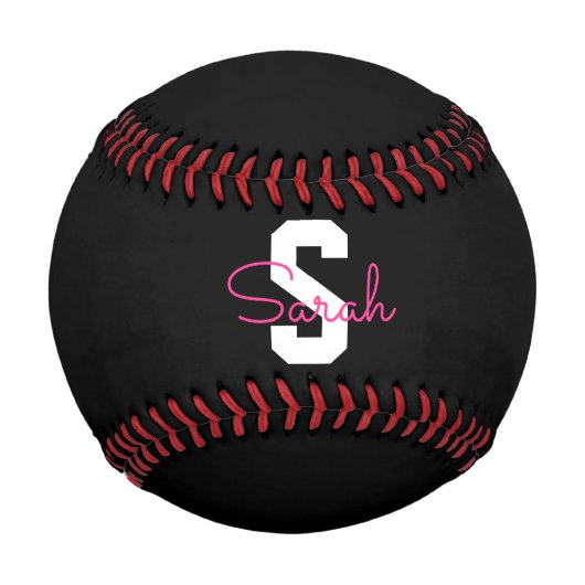 Balle De Baseball Joli nom & monogramme | Noir Blanc & Rose (Devant)