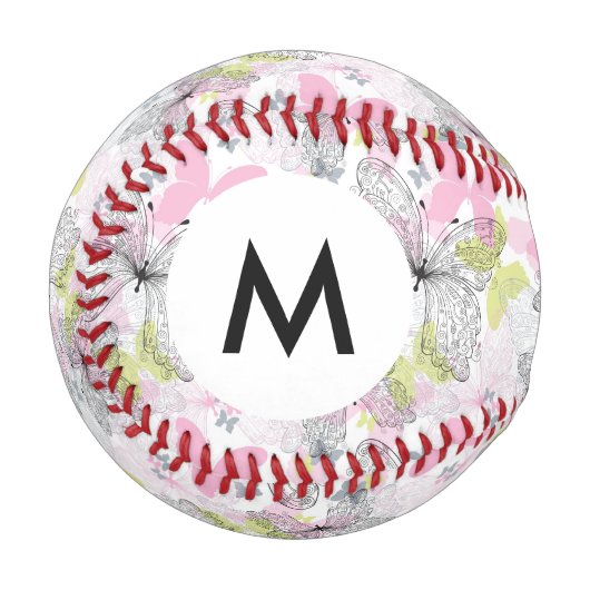 Balle De Baseball Monogramme Arrière - plan avec papillon (Devant Gauche)