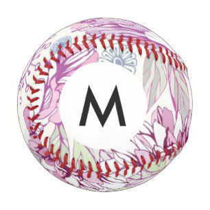 Balle De Baseball Monogramme Motif avec fleurs roses