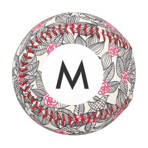Balle De Baseball Monogramme Motif floral avec oiseaux de caricature