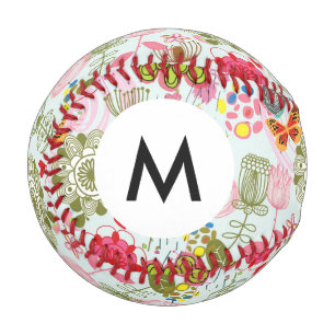 Balle De Baseball Monogramme Motif floral en style rétro 2
