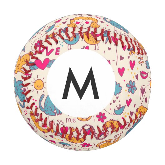 Balle De Baseball Monogramme motif romantique coloré (Devant Gauche)