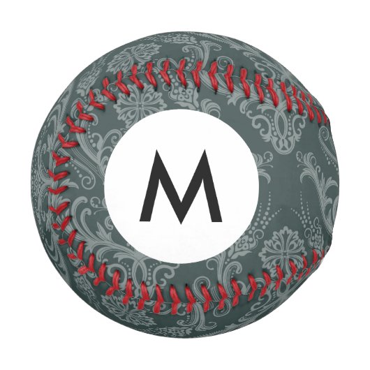 Balle De Baseball Monogramme Papier peint vert fleuri damassé (Devant Gauche)