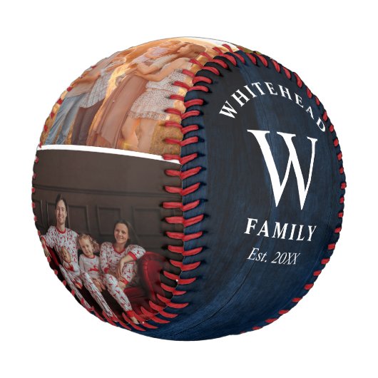 Balle De Baseball Monogramme rustique Marine Blue Wood Photo Collage (Angle)
