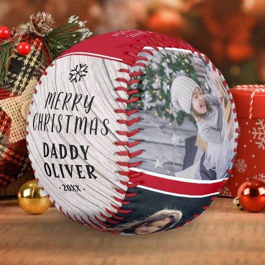 Balle De Baseball Rustic Wood Joyeux Noël Papa 3 Photo Collage