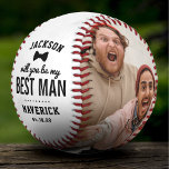 Balle De Baseball Serez-Vous Mon Meilleur Homme Photo Baseball<br><div class="desc">Proposition de mariage personnalisée baseball avec le dicton "tu seras mon meilleur homme",  qui il est à,  votre nom,  une cravate arc,  et votre date. Plus 2 photos pour vous de changer,  ce qui en fait un cadeau unique pour un ami/parent spécial.</div>