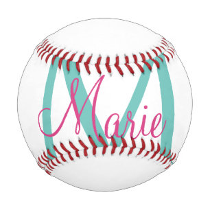 Balle De Baseball simple minimal ajouter nom monogramme vert rose bl