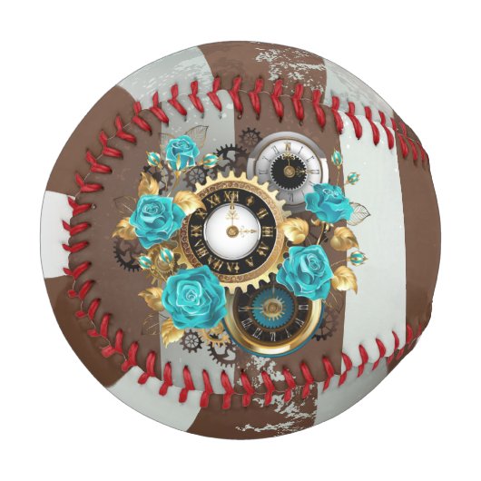 Balle De Baseball Steampunk Clock and Turquoise Roses on Striped (Devant Gauche)