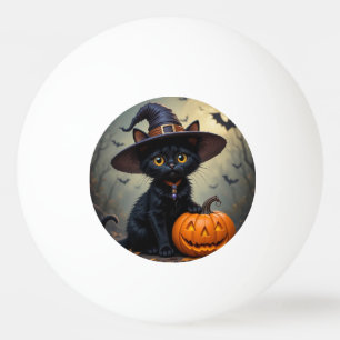Balle De Ping Pong Chat noir adorable portant un chapeau de sorcière