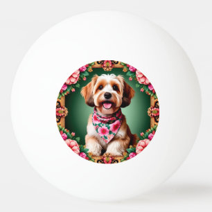 Balle De Ping Pong Chien adorable encadré par des fleurs colorées