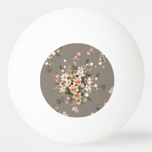 Balle De Ping Pong Crème, fleurs roses sur gris.