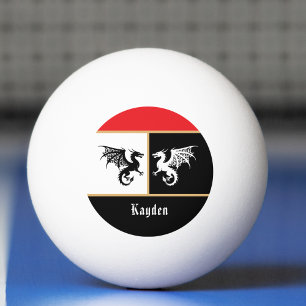 Balle De Ping Pong Dragons en noir blanc avec garniture de couleur or