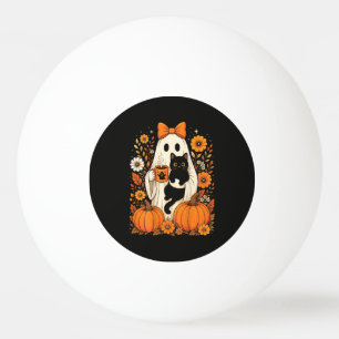 Balle De Ping Pong Fantôme groovy d'Halloween tenant un chat noir flo