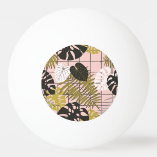 Balle De Ping Pong Feuilles tropicaux, fleurs, motif peint à la main.