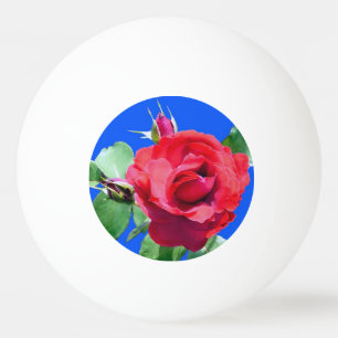 Balle De Ping Pong fleur de rose rouge et feuilles vertes en bleu
