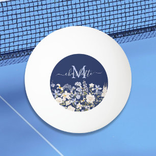 Balle De Ping Pong Fleurs Florales Bleues Aquarelle Monogramme Élégan